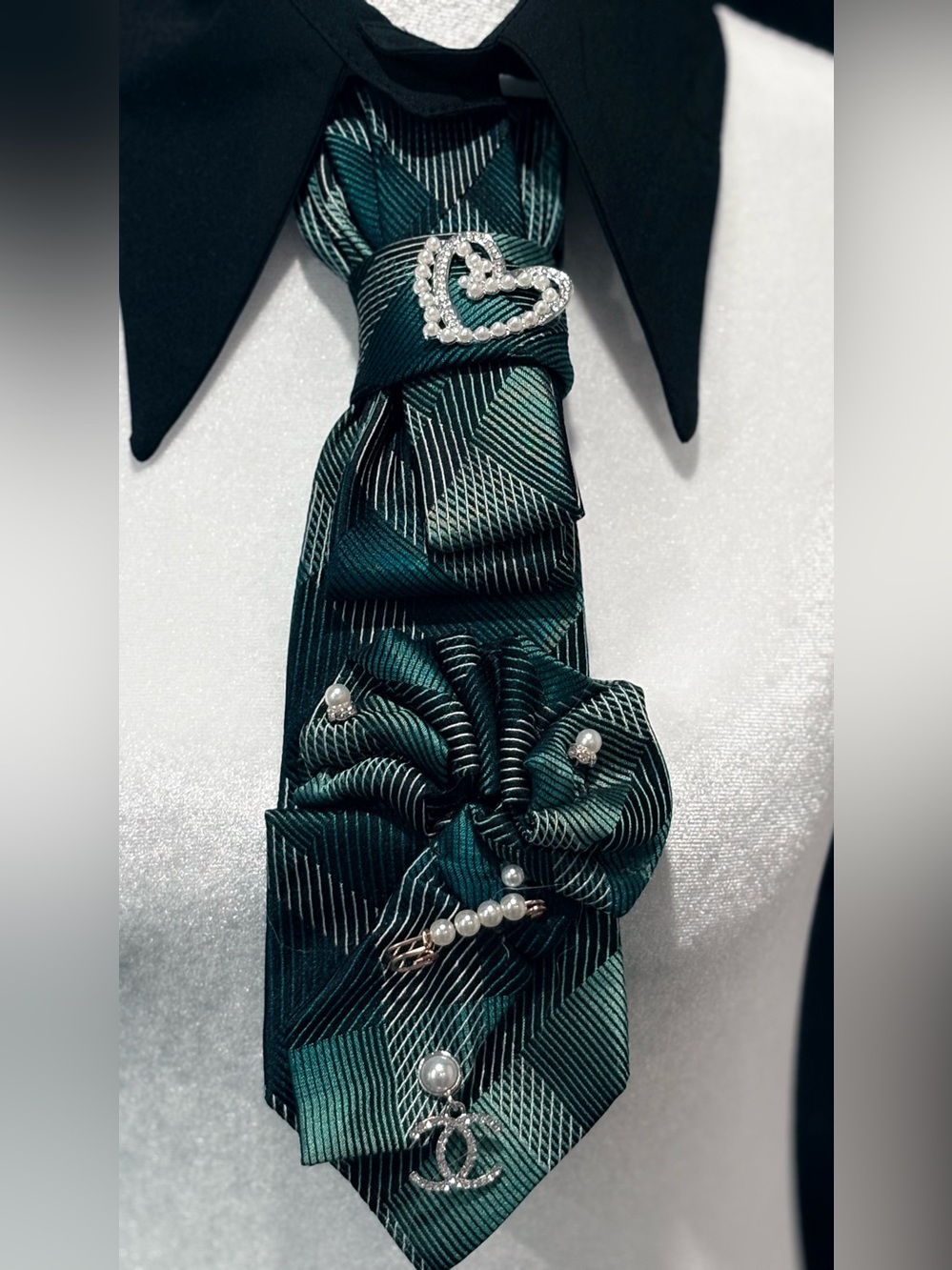 Emerald Green Striped Silk Tie with Pearl & Rhinestone Accents